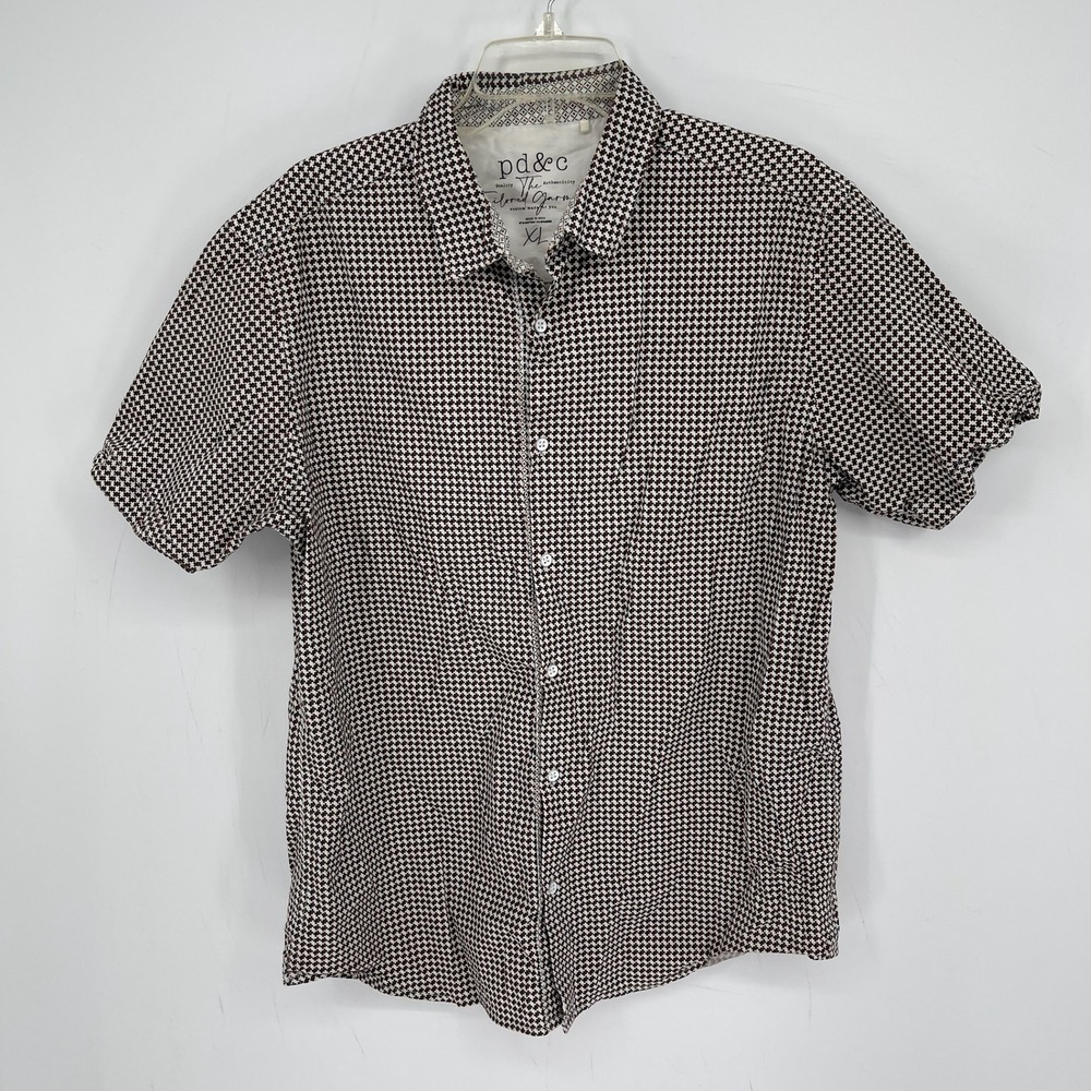 pd&c Men's Brown Geometric Stretch Short Sleeve Button Front Top Shirt Size XL